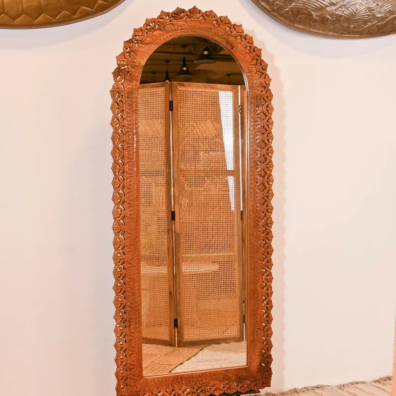 Home Carving Mango Wood Carved Mirror for Home Decor